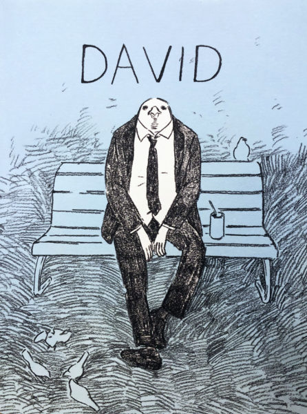 Book cover with a pencil drawing of a man with a bird's head wearing a suit sitting on a park bench