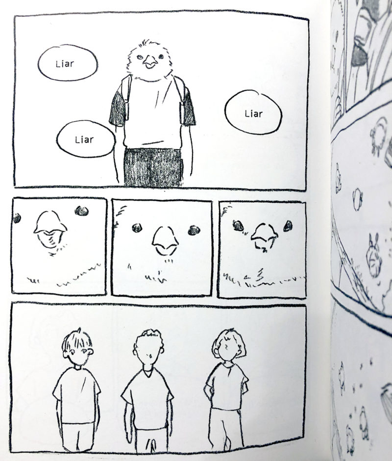 A sample page from the book where our protagonist is show alone as a kid as the other kids call him a liar