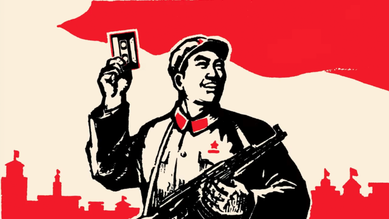 A soldier with red star cap and uniform holds up a casette tape and a machine gun, drawn in the style of a Communist China propaganda poster from many decades ago.